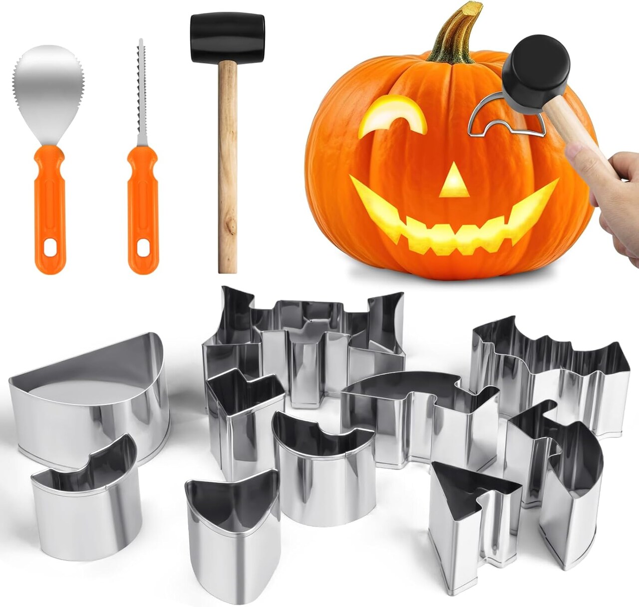 13 PCS Stainless Steel Pumpkin Carving Tool Set with 10 Carving Stencils and 3 Tools, DIY Jack-O-Lantern Craft Party Decorations for Teenagers, Kids and Beginners.
